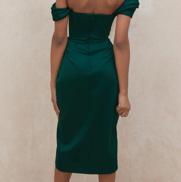 house of cb loretta dress green Hunter Green Smocked Ruffled Mesh Midi Dress – PinkBlush